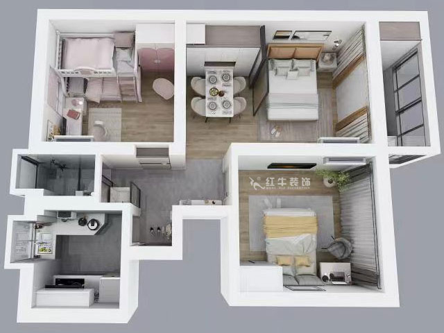 孟宪涛｜峨嵋岭12号5-403-64㎡-现代简约风格｜3室1厅1卫｜新房装修｜定制家￥88600｜全包10万｜00_04鸟瞰图